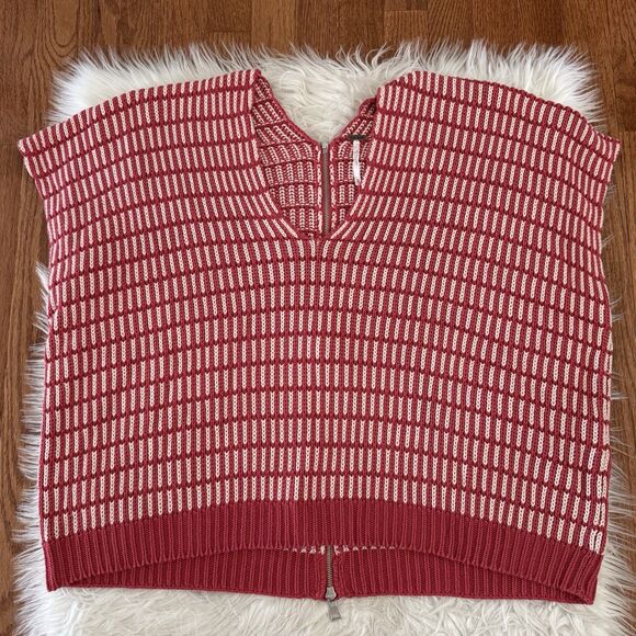 Free People Oversized Sweater Womens XS Red White Knit Zipper Boho Preppy Poncho - Picture 2 of 11